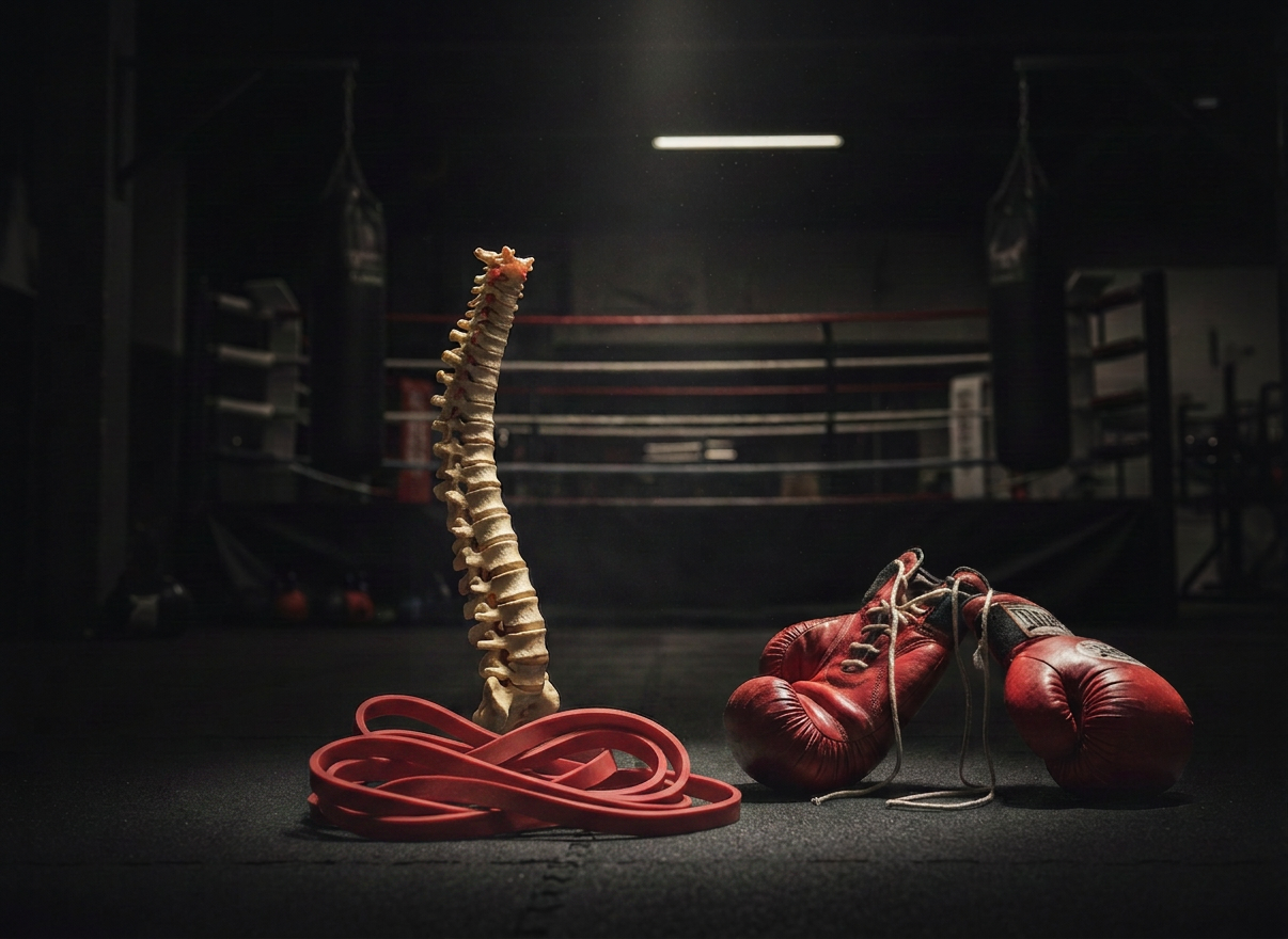 Wirbelsäule und Boxhandschuhe Boxstudio dunkel A dark, moody boxing studio atmosphere. On a dark gym floor or dark background, a human spine/vertebral column model and red boxing gloves are arranged together. Dark gym environment with dramatic low-key lighting, subtle shadows, cinematic mood. Photorealistic, professional studio product shot style. Dark background like a boxing gym at night.