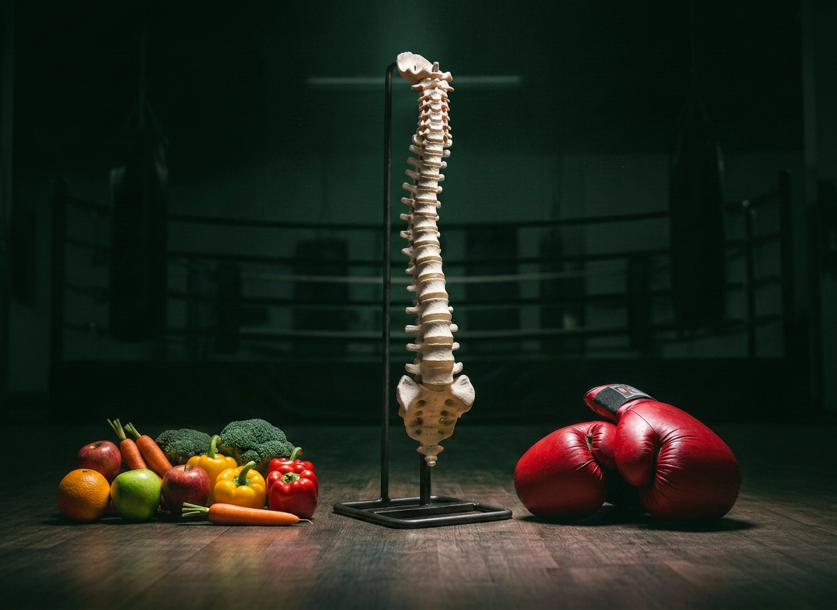 Gesundheitspaket L - Boxstudio dunkel A dark, moody boxing studio atmosphere. On a dark gym floor or dark background, a human spine/vertebral column model, red boxing gloves, and a colorful mix of fresh fruits and vegetables (oranges, apples, carrots, broccoli, peppers) are arranged together. Dark gym environment with dramatic low-key lighting, subtle shadows, cinematic mood. Photorealistic, professional studio product shot style. Dark background like a boxing gym at night.