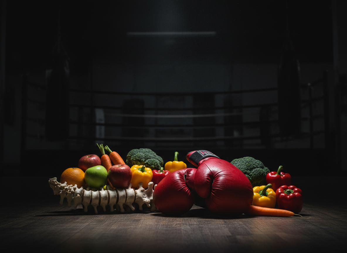 A dark, moody boxing studio atmosphere. On a dark gym floor or dark background, a human spine/vertebral column model, red boxing gloves, and a colorful mix of fresh fruits and vegetables (oranges, apples, carrots, broccoli, peppers) are arranged together. Dark gym environment with dramatic low-key lighting, subtle shadows, cinematic mood. Photorealistic, professional studio product shot style. Dark background like a boxing gym at night.