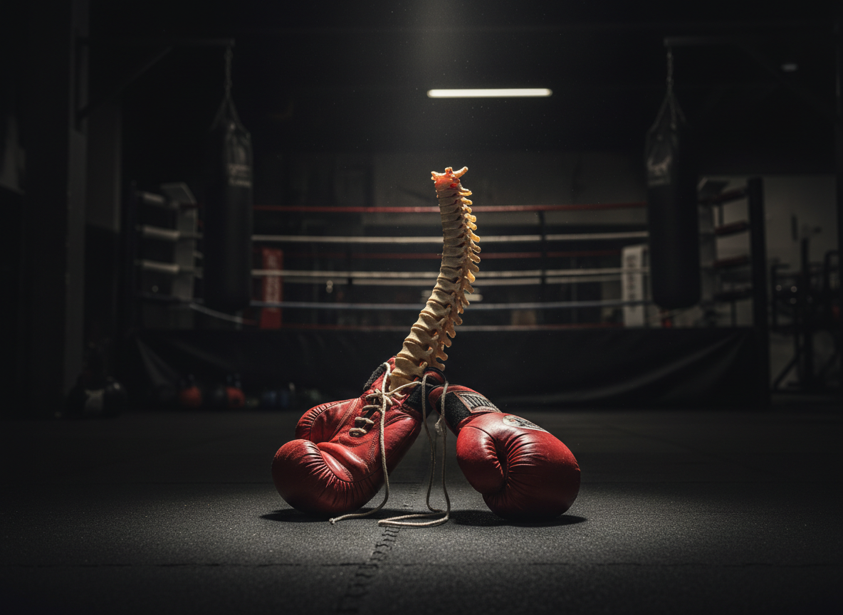 A dark, moody boxing studio atmosphere. On a dark gym floor or dark background, a human spine/vertebral column model and red boxing gloves are arranged together. Dark gym environment with dramatic low-key lighting, subtle shadows, cinematic mood. Photorealistic, professional studio product shot style. Dark background like a boxing gym at night.