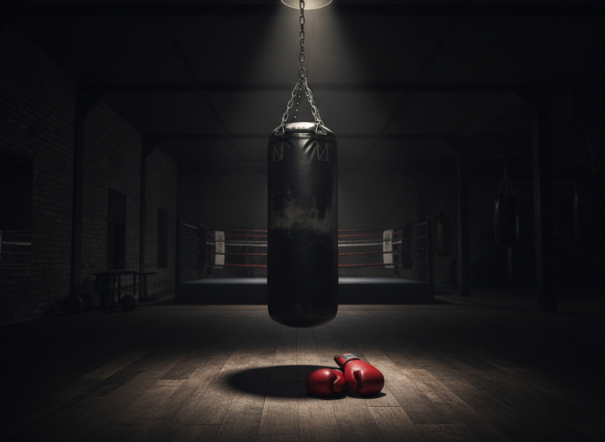 A dark, moody boxing studio atmosphere. A heavy black punching bag hanging in a dark gym, with red boxing gloves resting on the floor beside it. Dark gym environment with dramatic low-key lighting, subtle shadows, cinematic mood. Photorealistic, professional shot. Dark background like a boxing gym at night. Same dark studio style as the other images.